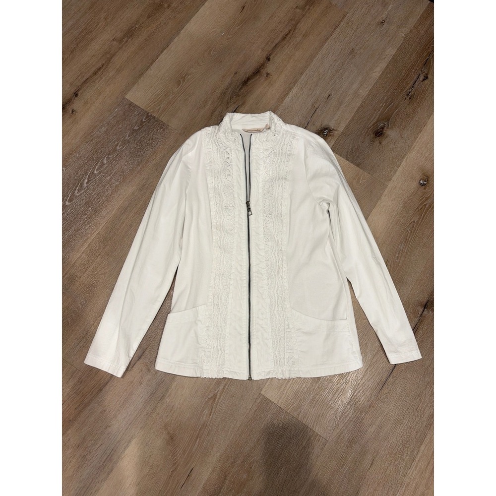 Soft Surroundings White Crochet Lace Trim Zip Front Mock Neck Jacket Small